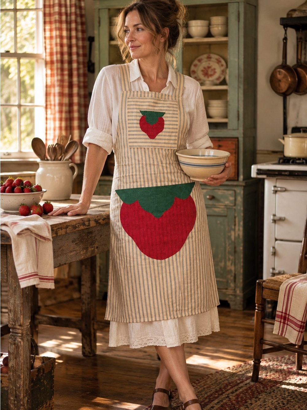 Vintage Strawberry Apron Ticking Stripe Cottagecore Farmhouse Folk Art Handmade